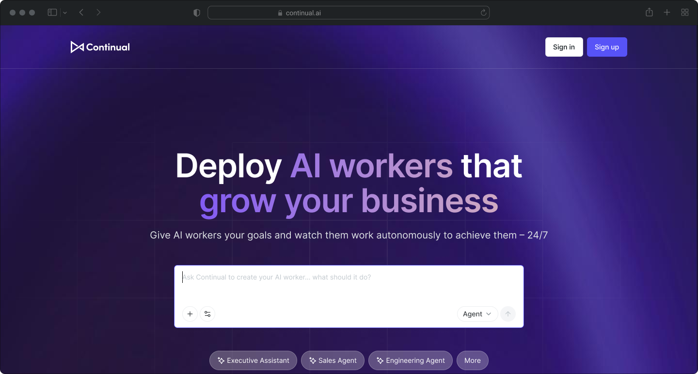 Continual agent-builder onboarding screen