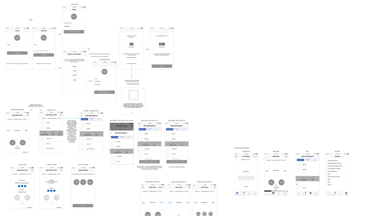 early app wireframes for Unroll.Me
