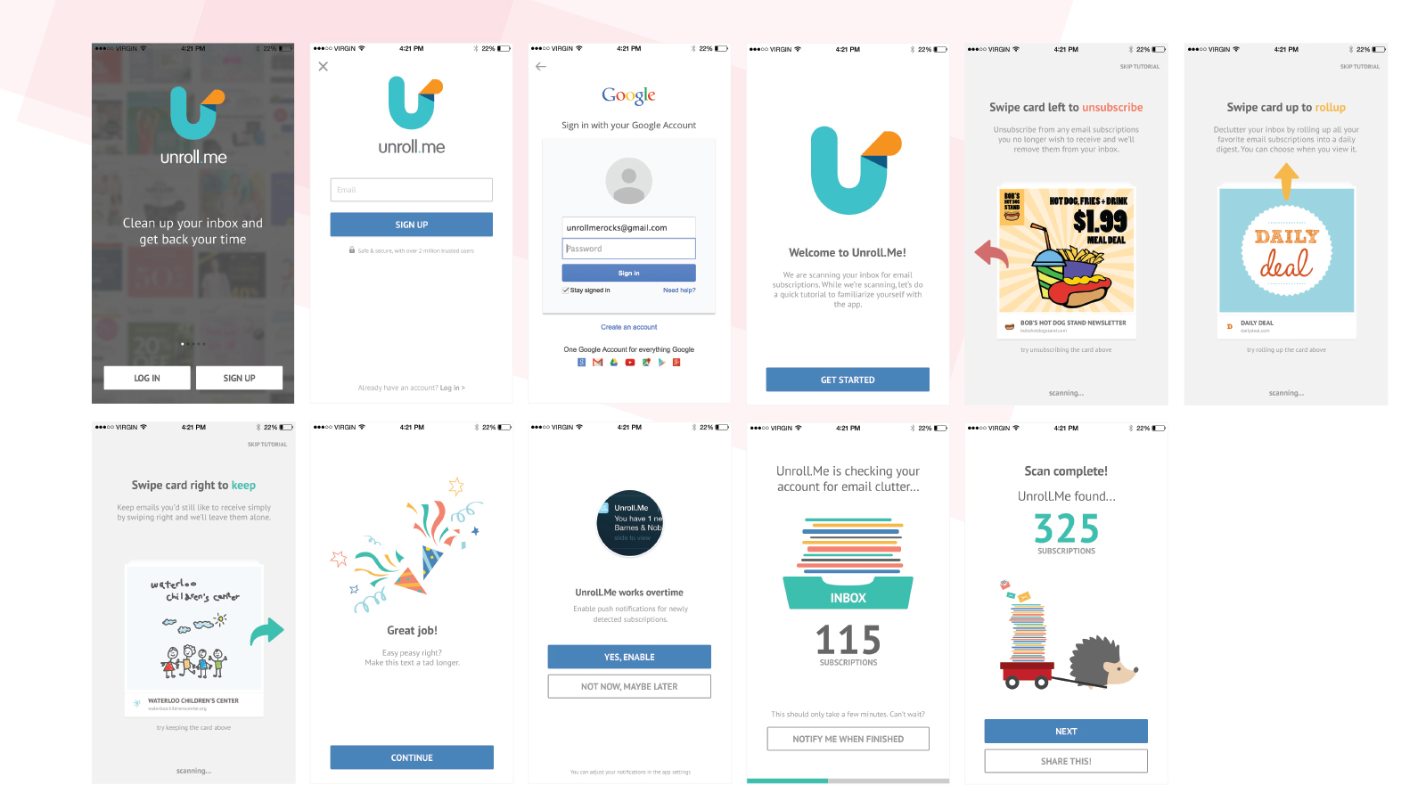 Unroll.Me onboarding screens