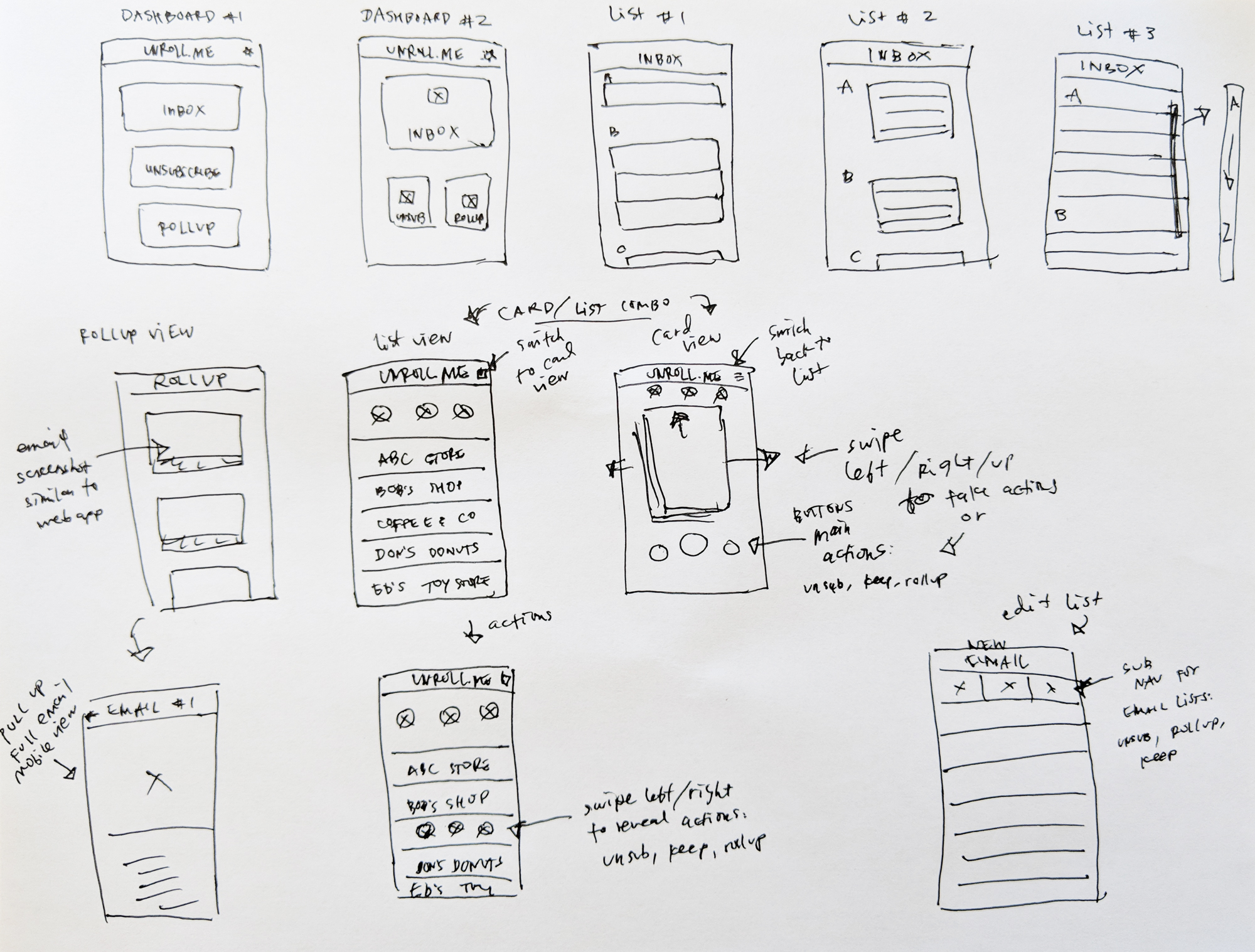 early app wireframes for Unroll.Me