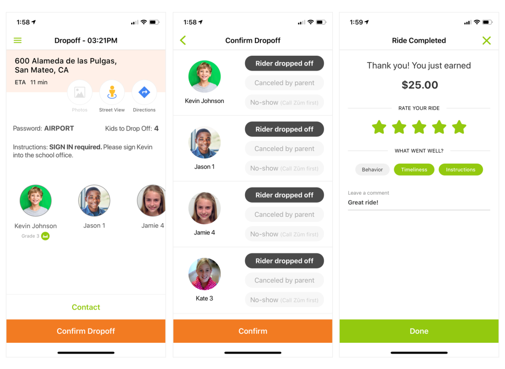 Zum Driver App dropoff screens